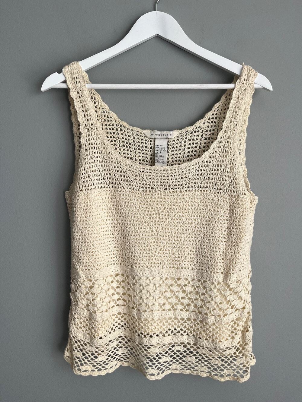 Melrose Studio Cream Crochet Knit Tank Top Sz L Boho Cottagecore Coastal Chic